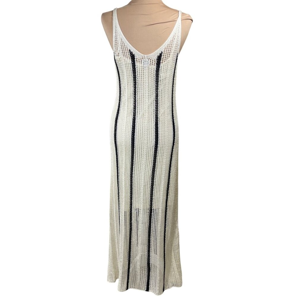 A New Day Mesh Maxi Dress Size M Medium Cream Black Stripe Sundress Beach - Picture 3 of 7